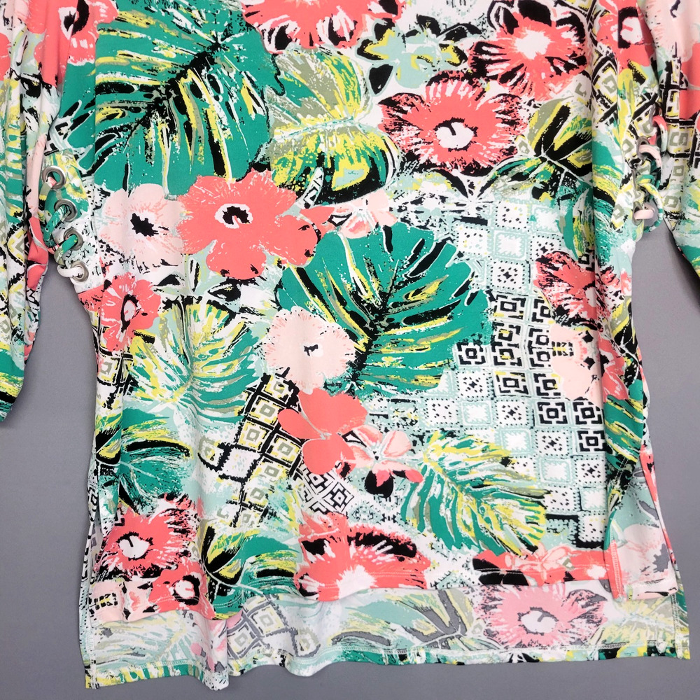 ND New Direction Floral Top Womens XL Bright Lace-Up Side High Low 3/4 Sleeves - Picture 3 of 12
